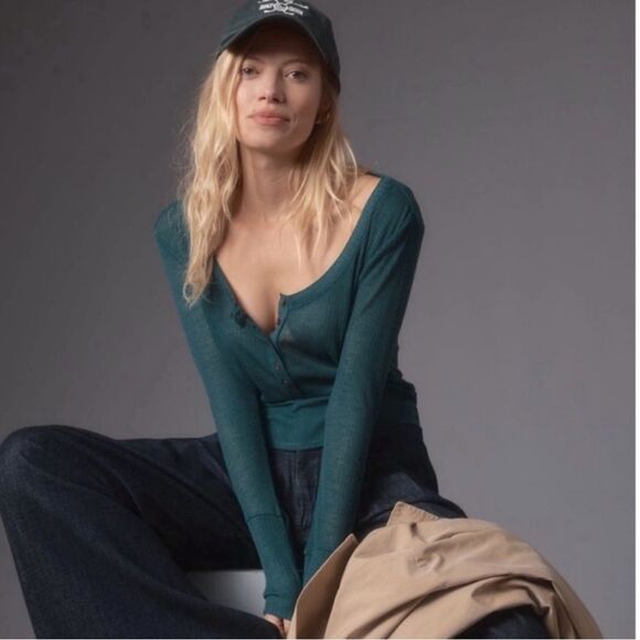 NWT ANTHROPOLOGIE PILCRO Andie Ribbed Tissue Top Teal Women’s Size Medium - Picture 1 of 9